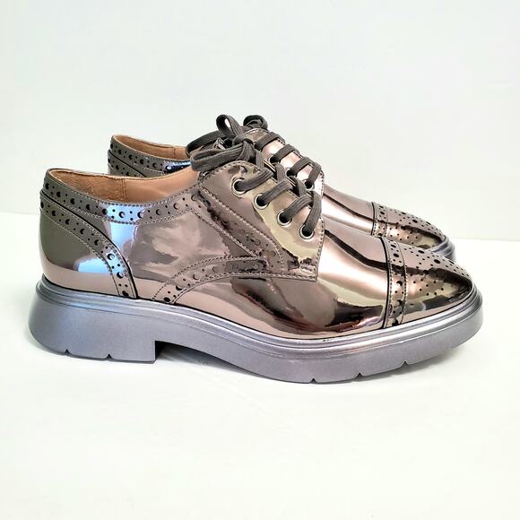 NWOT Stuart Weitzman Darra Gunmetal Lace Up Oxford Shoe 6B Metallic Statement - Picture 1 of 12